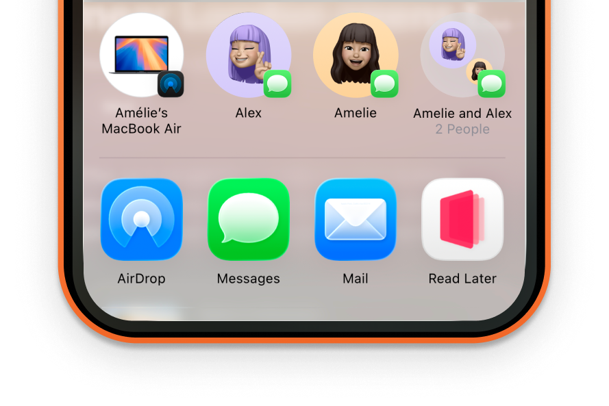 iOS share sheet with AirDrop contacts and the Find Later save action