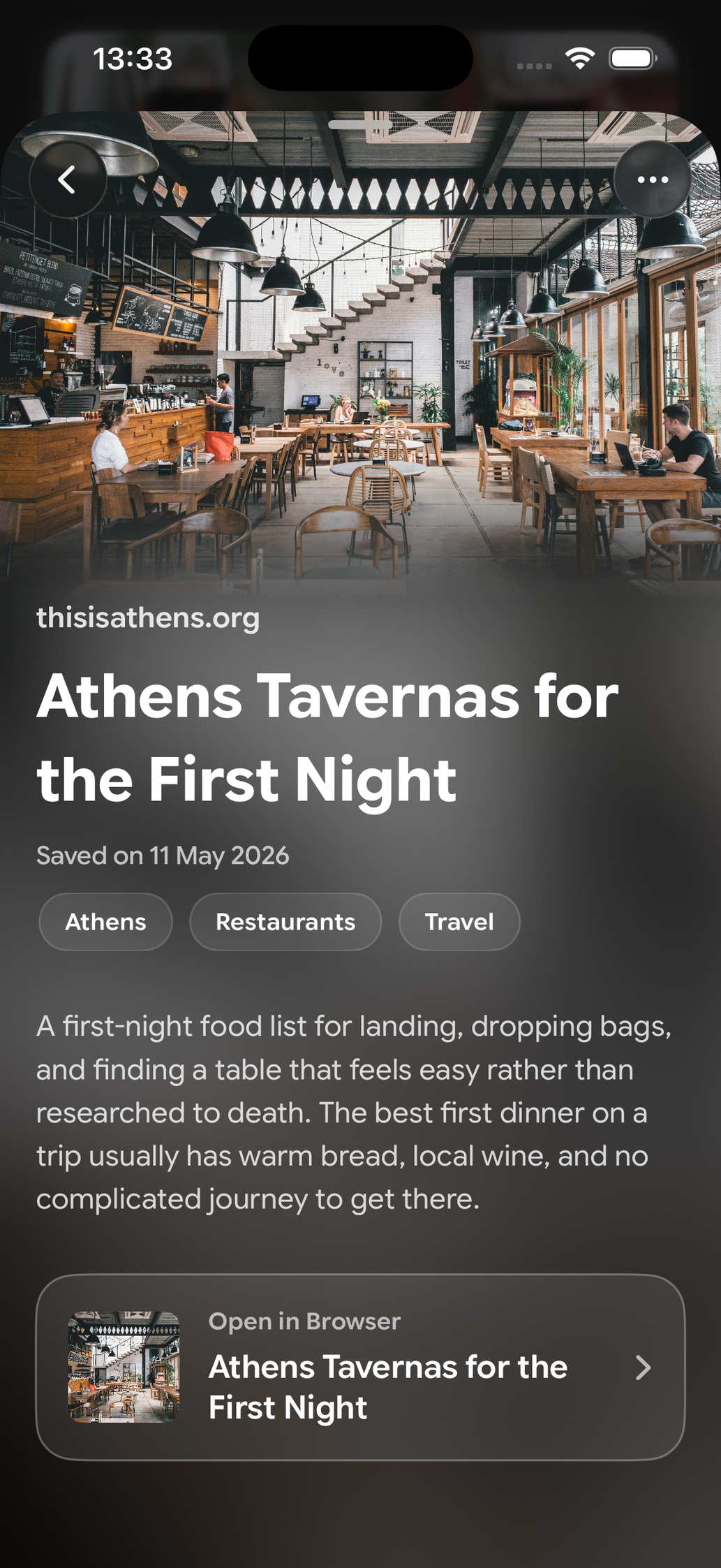 A saved card in Find Later: Athens Tavernas for the First Night