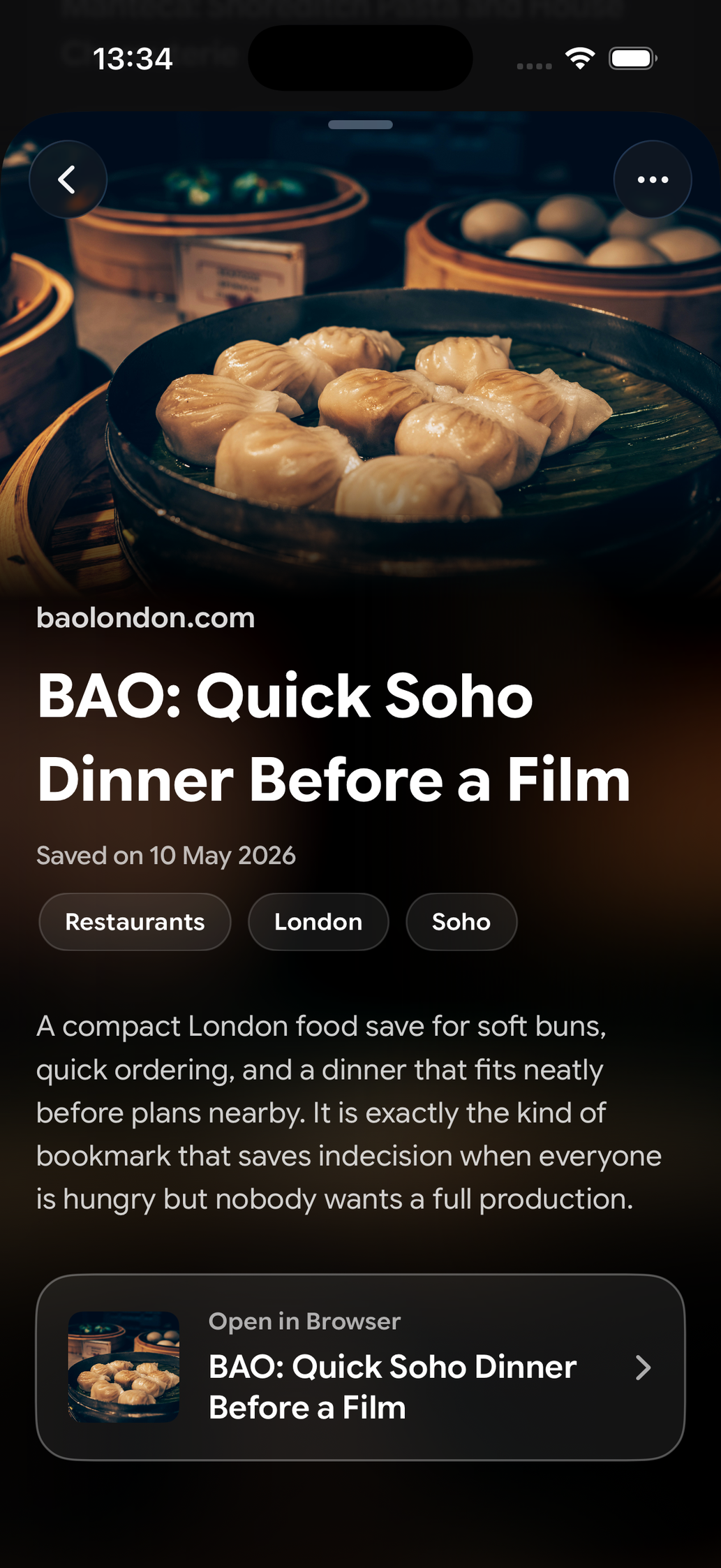 A saved card in Find Later: BAO: Quick Soho Dinner Before a Film