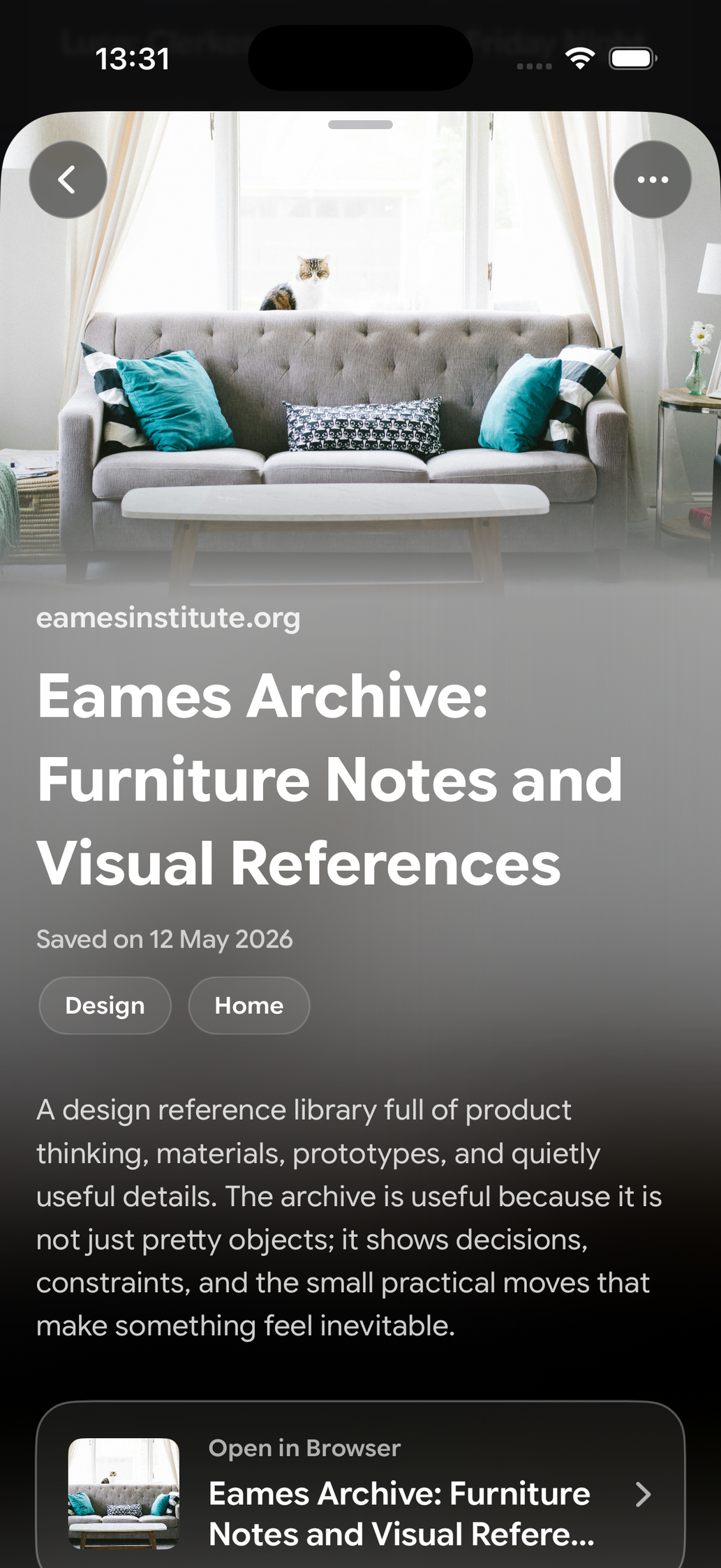 A saved card in Find Later: Eames Archive: Furniture Notes
