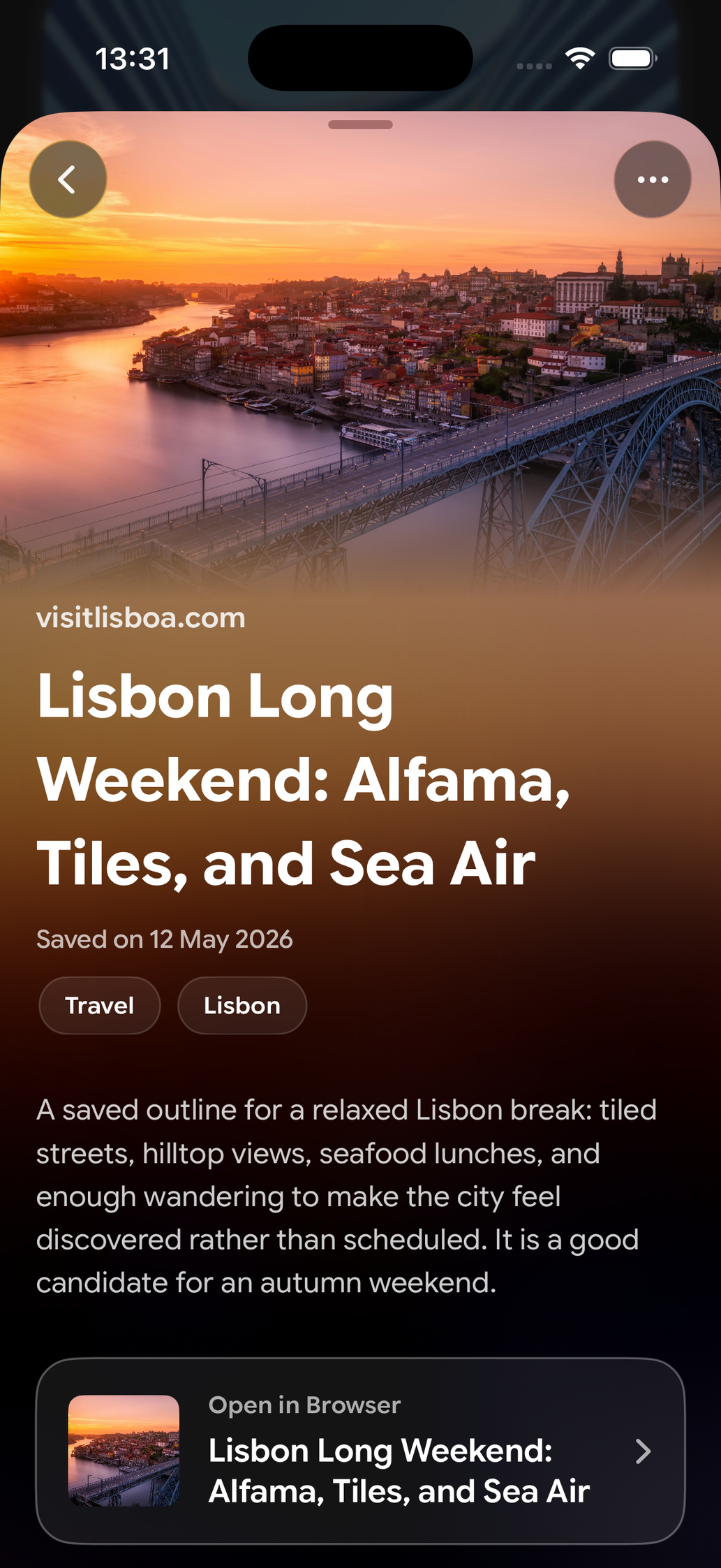 A saved card in Find Later: Lisbon Long Weekend: Alfama, Tiles, and Sea Air