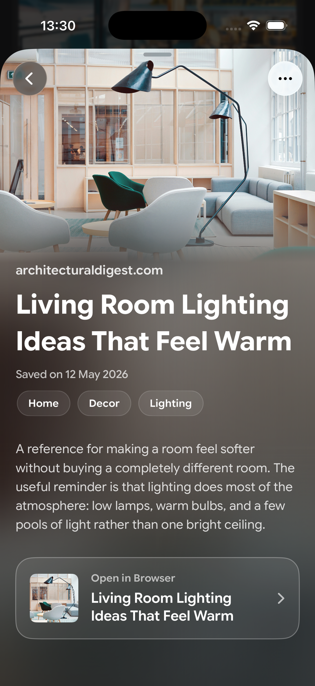 A saved card in Find Later: Living Room Inspiration