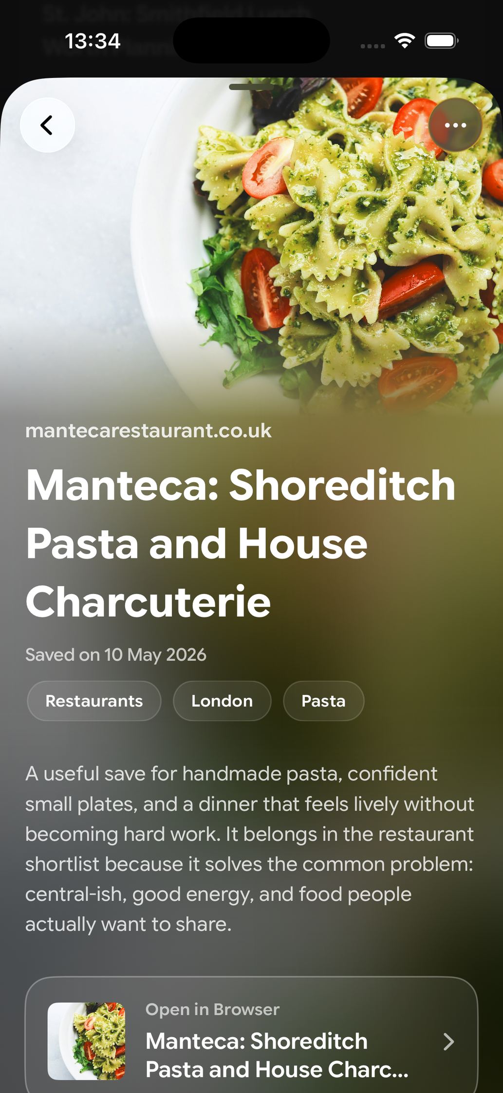 A saved card in Find Later: Manteca: Handmade Pasta in Shoreditch