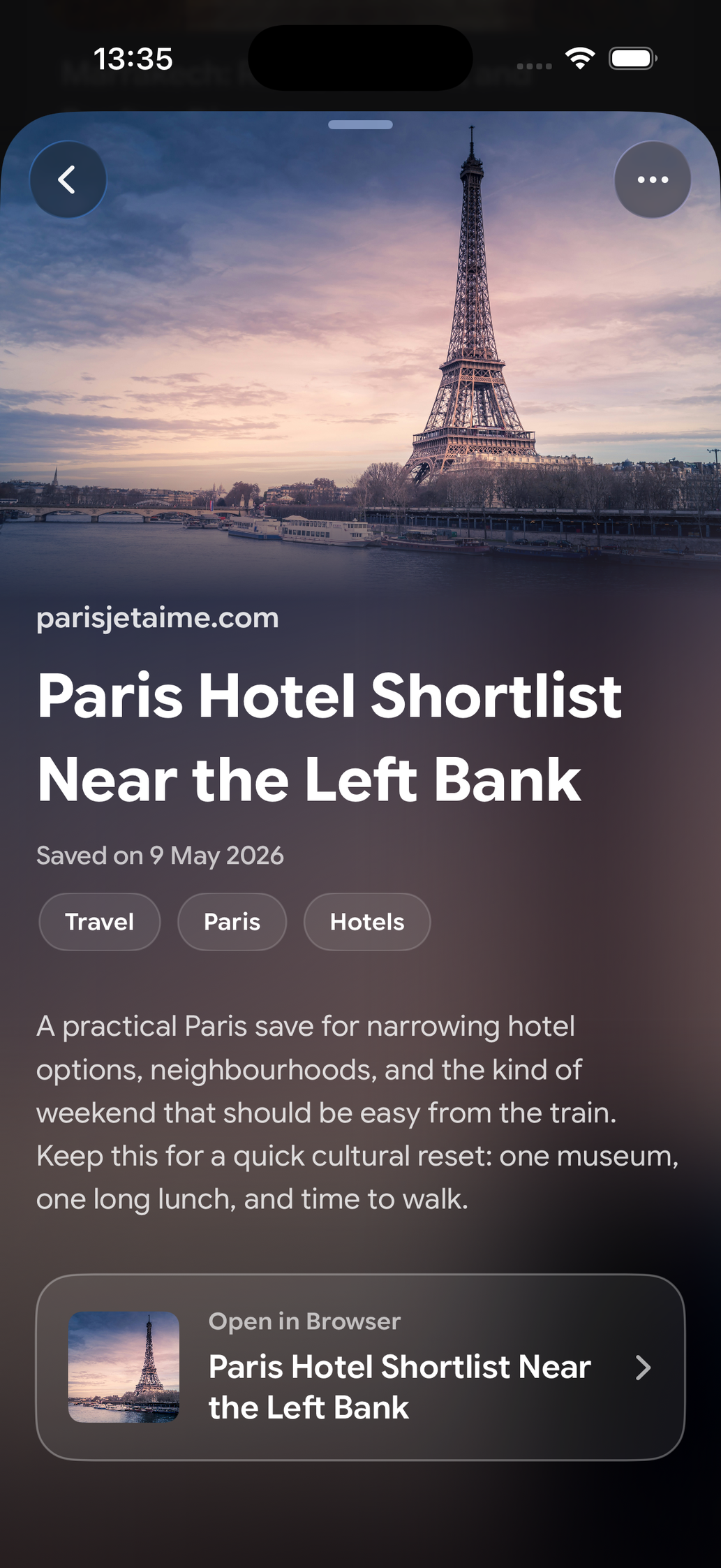 A saved card in Find Later: Paris Hotel Shortlist Near the Left Bank