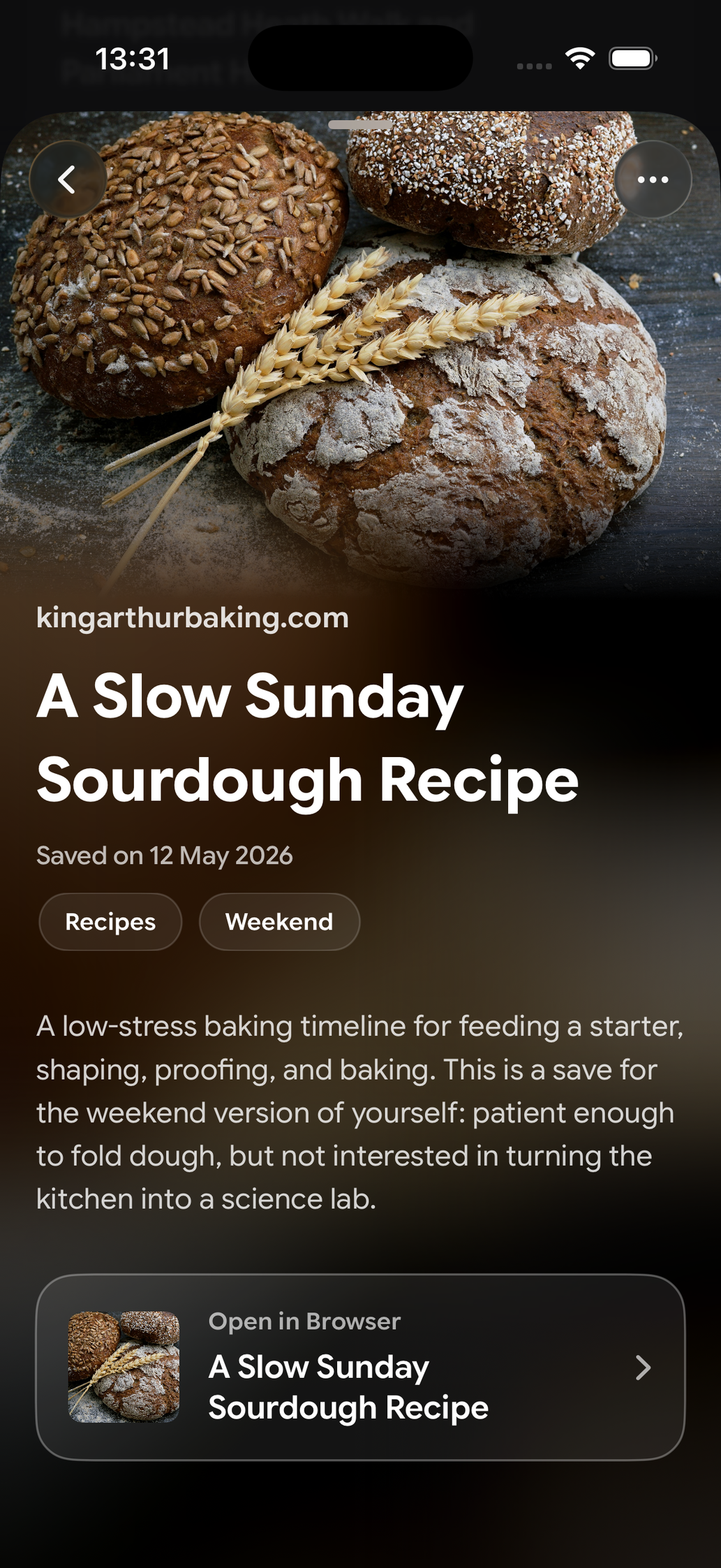A saved card in Find Later: A Slow Sunday Sourdough Recipe