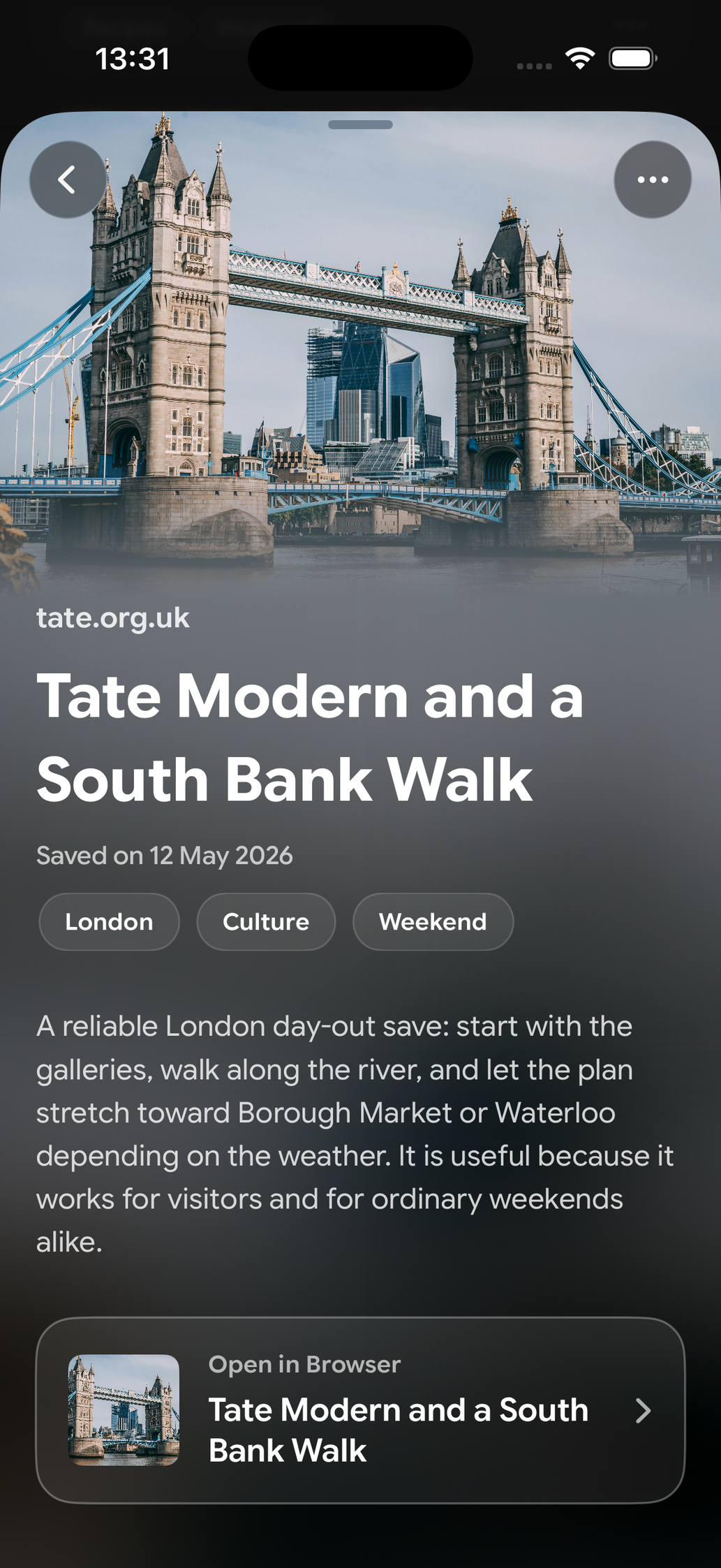 A saved card in Find Later: Tate Modern and a South Bank Walk