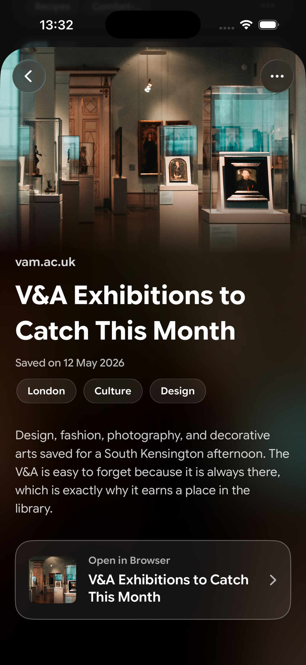 A saved card in Find Later: V&A museum exhibition