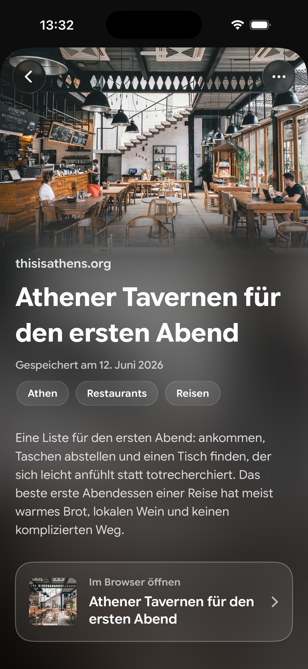 Eine gespeicherte Karte in Find Later: Athener Tavernen für den ersten Abend