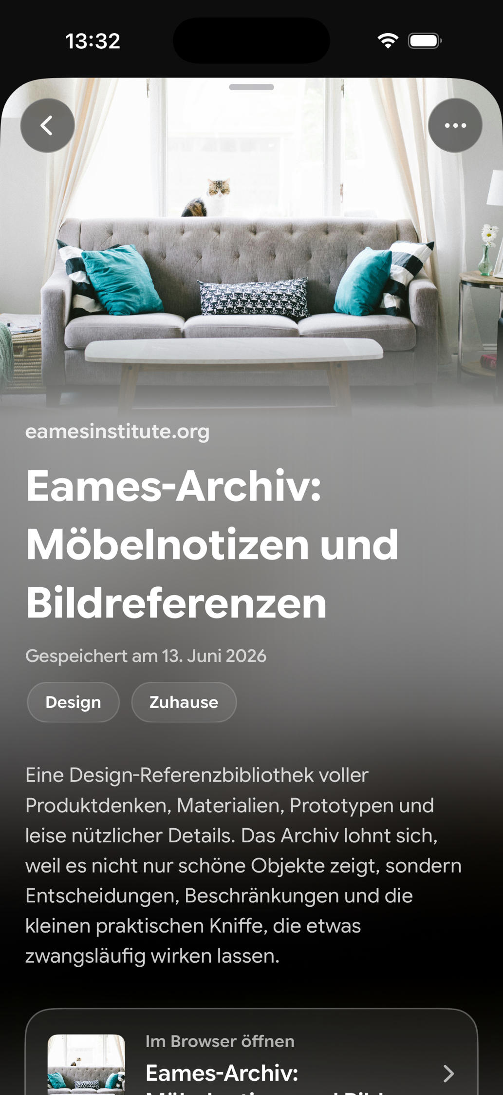 Eine gespeicherte Karte in Find Later: Eames-Archiv: Möbelnotizen und Bildreferenzen