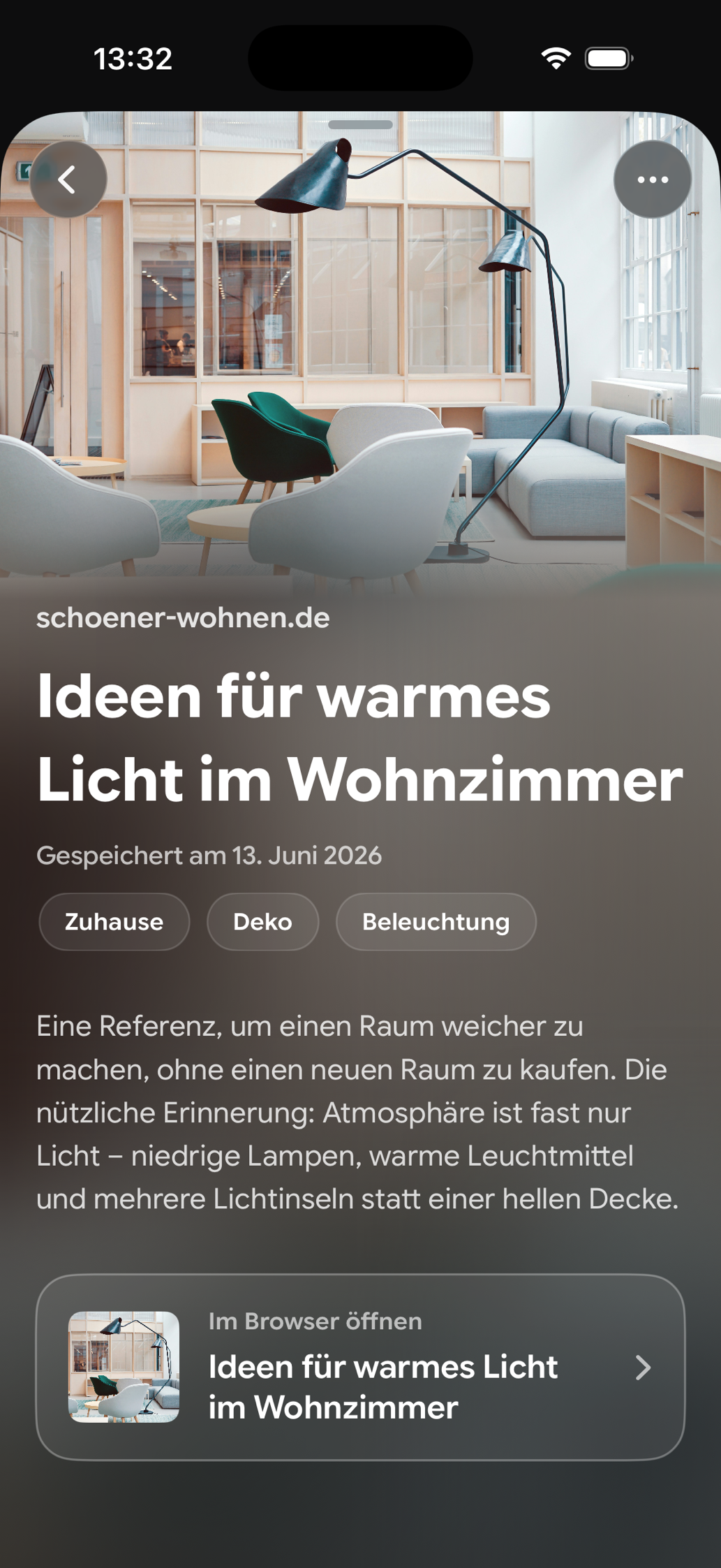 Eine gespeicherte Karte in Find Later: Ideen für warmes Licht im Wohnzimmer