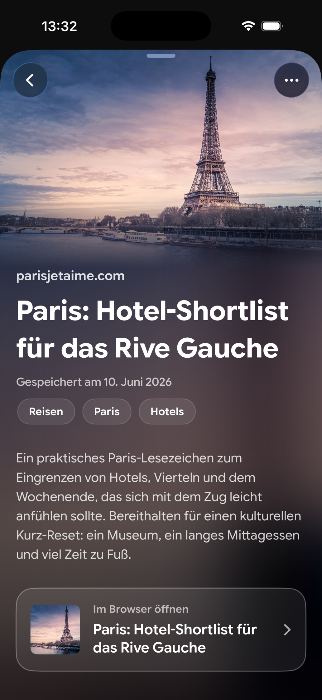 Eine gespeicherte Karte in Find Later: Paris: Hotel-Shortlist für das Rive Gauche