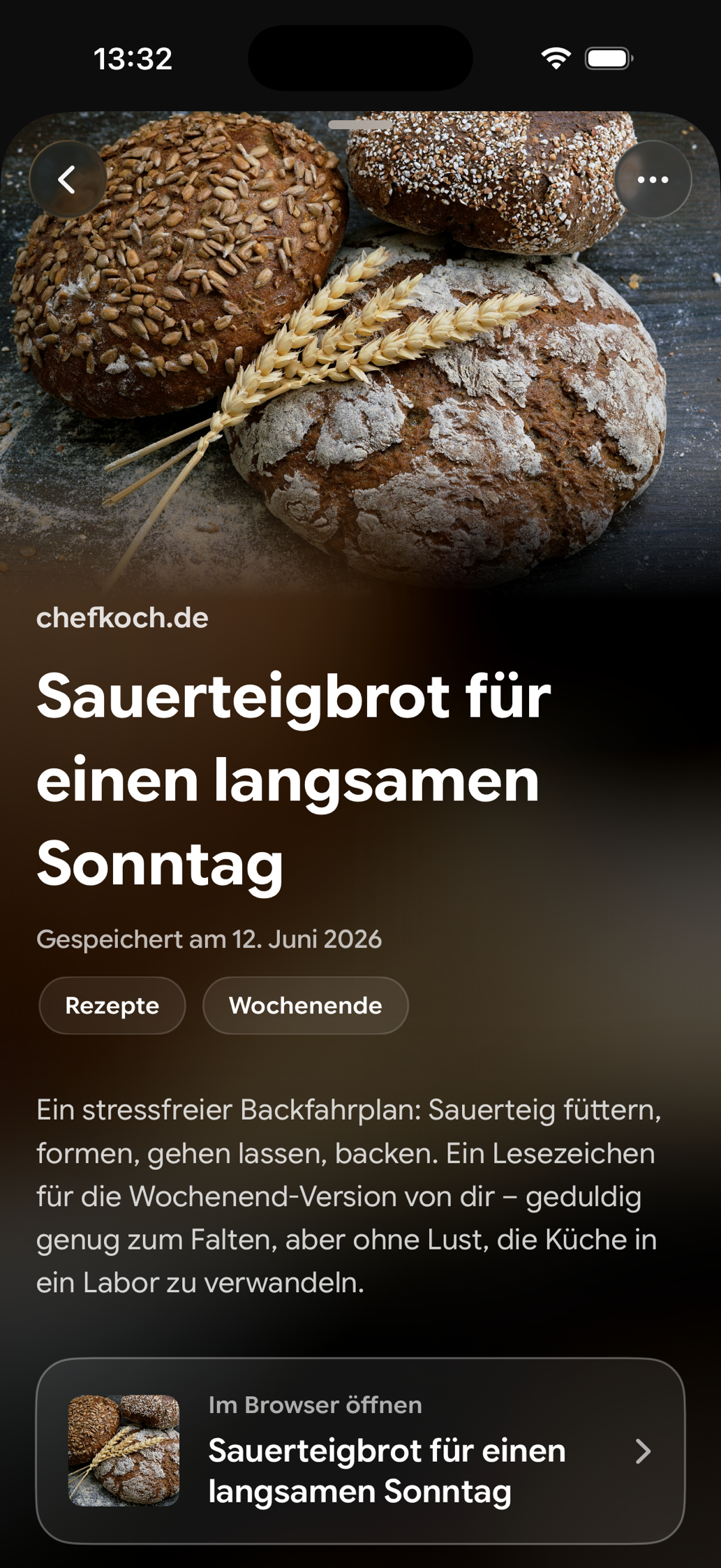 Eine gespeicherte Karte in Find Later: Sauerteigbrot für einen langsamen Sonntag