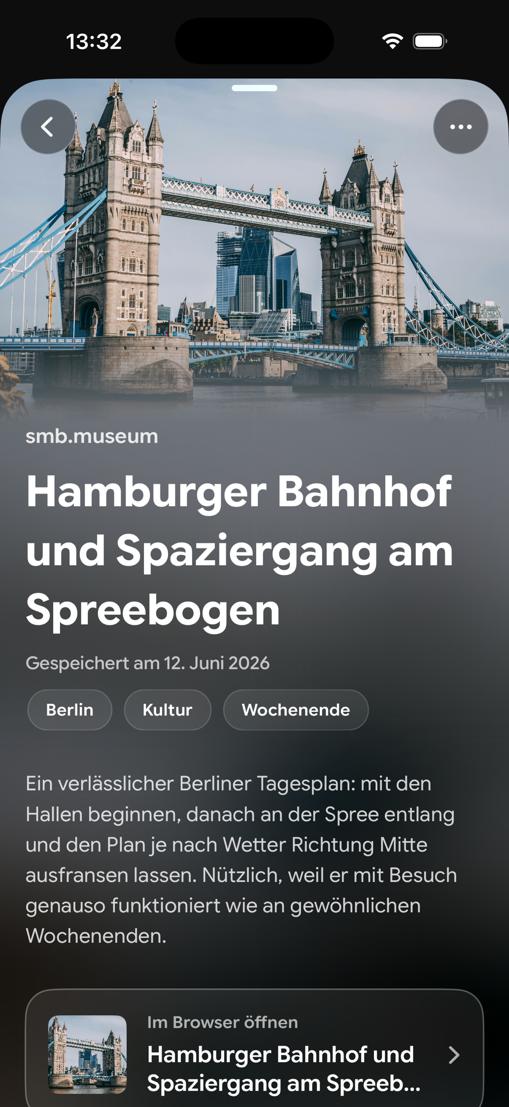 Eine gespeicherte Karte in Find Later: Hamburger Bahnhof und Spaziergang am Spreebogen