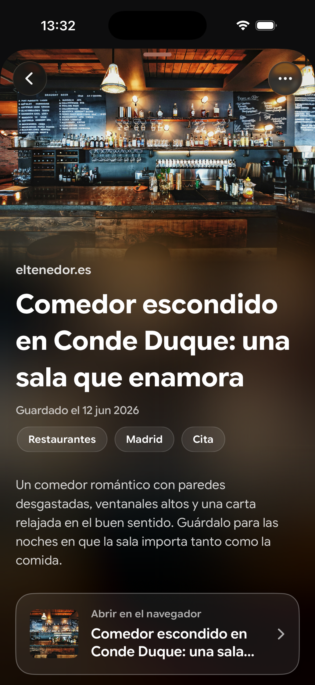 Una tarjeta guardada en Find Later