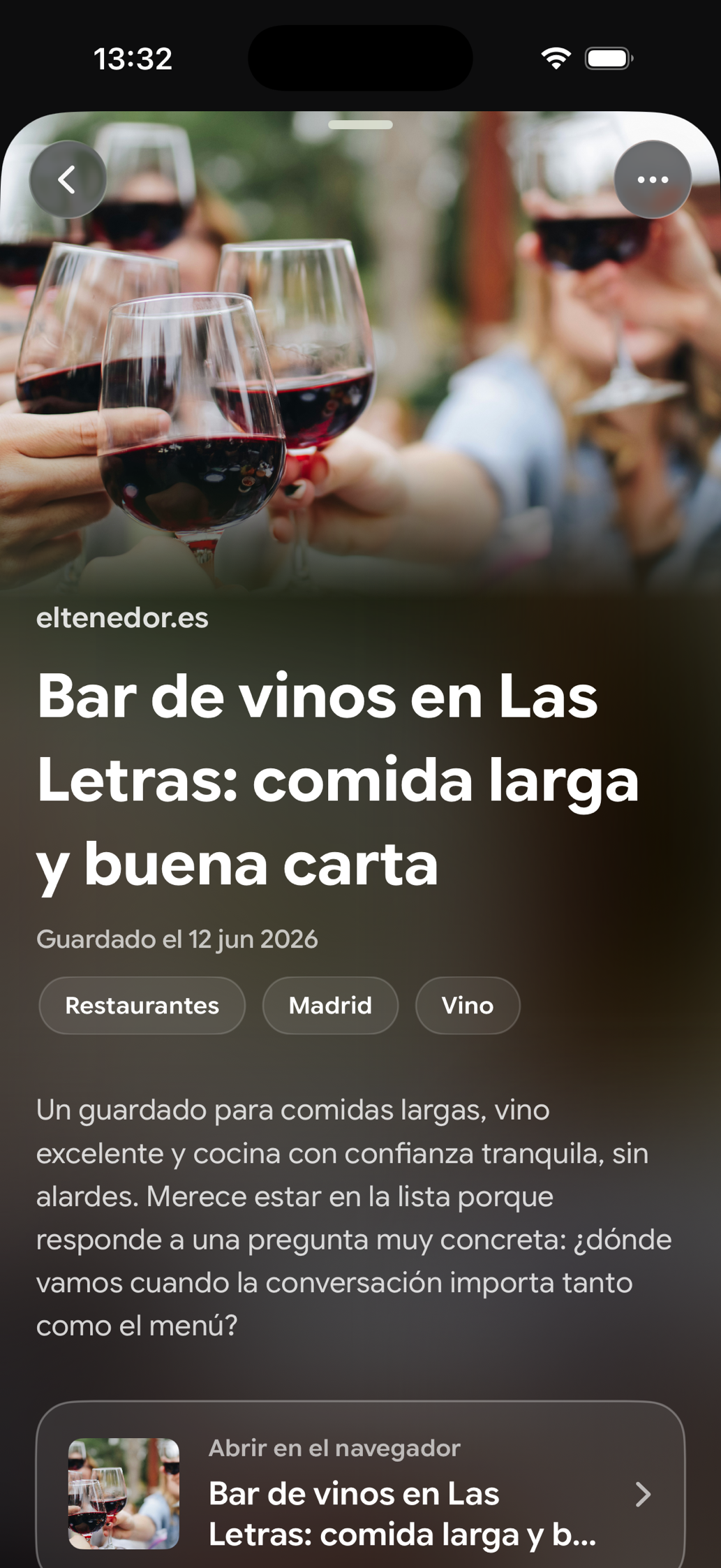 Una tarjeta guardada en Find Later