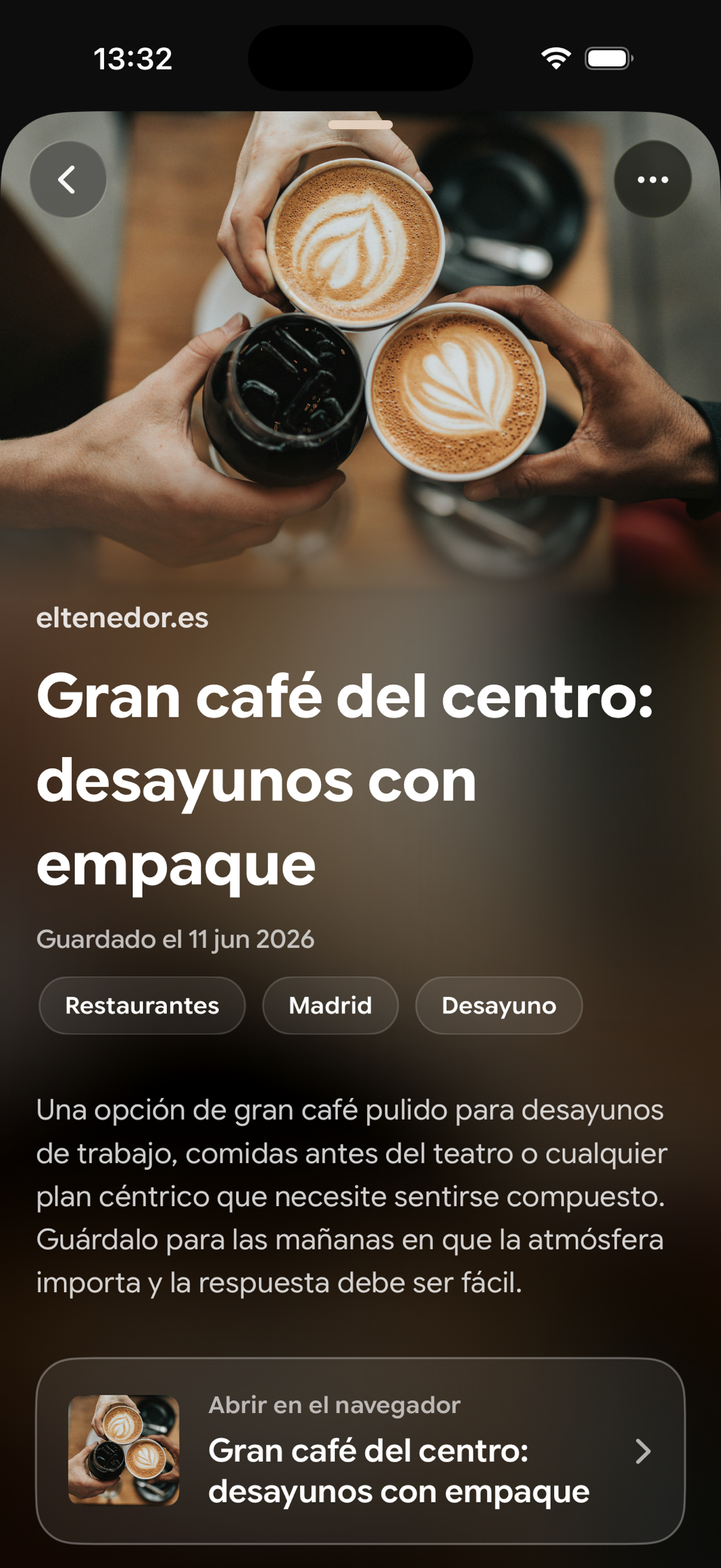 Una tarjeta guardada en Find Later