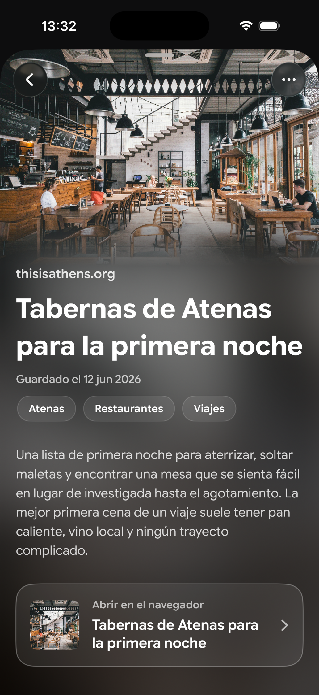 Una tarjeta guardada en Find Later: Tabernas de Atenas para la primera noche