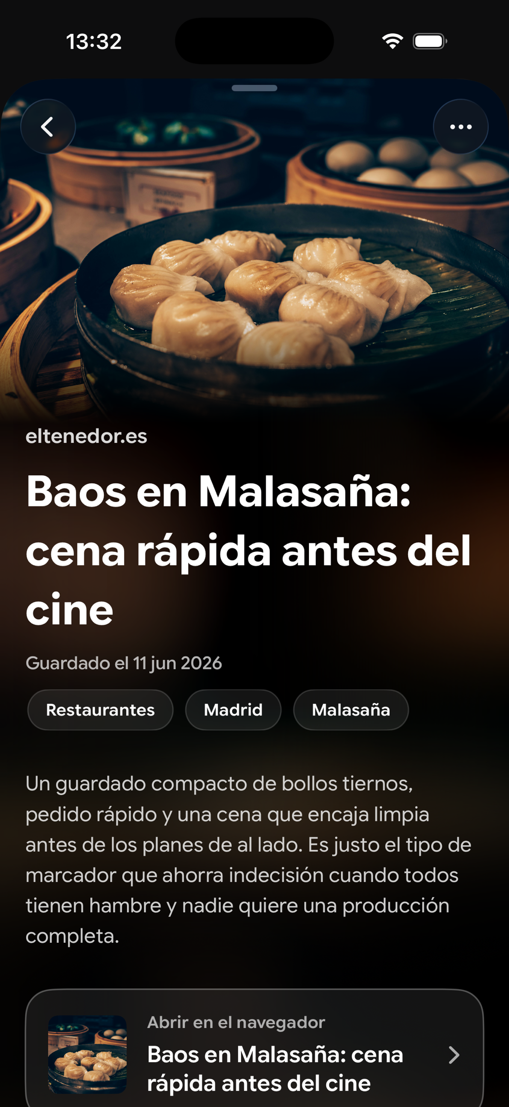 Una tarjeta guardada en Find Later: Baos en Malasaña: cena rápida antes del cine