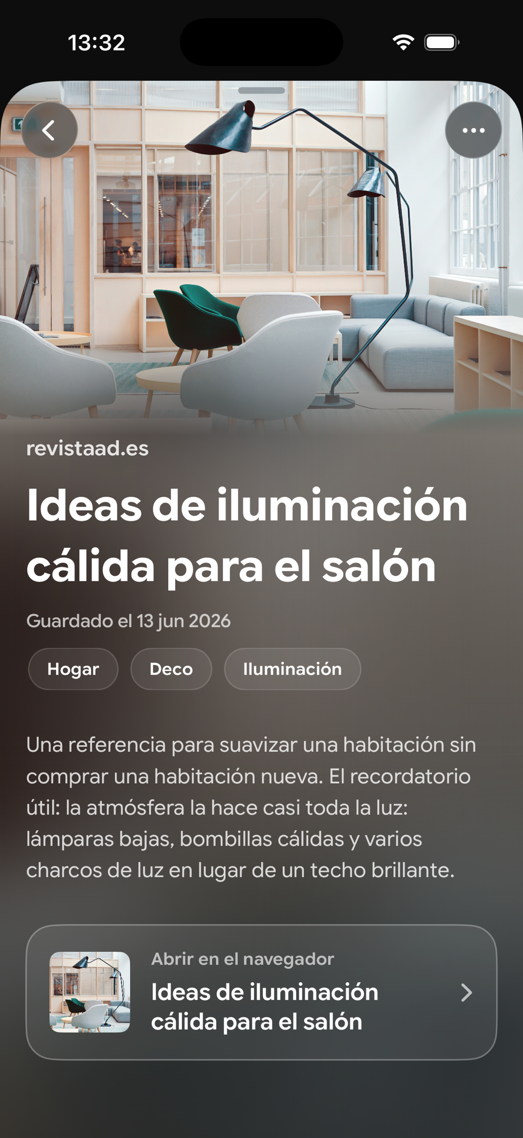 Una tarjeta guardada en Find Later: Ideas de iluminación cálida para el salón