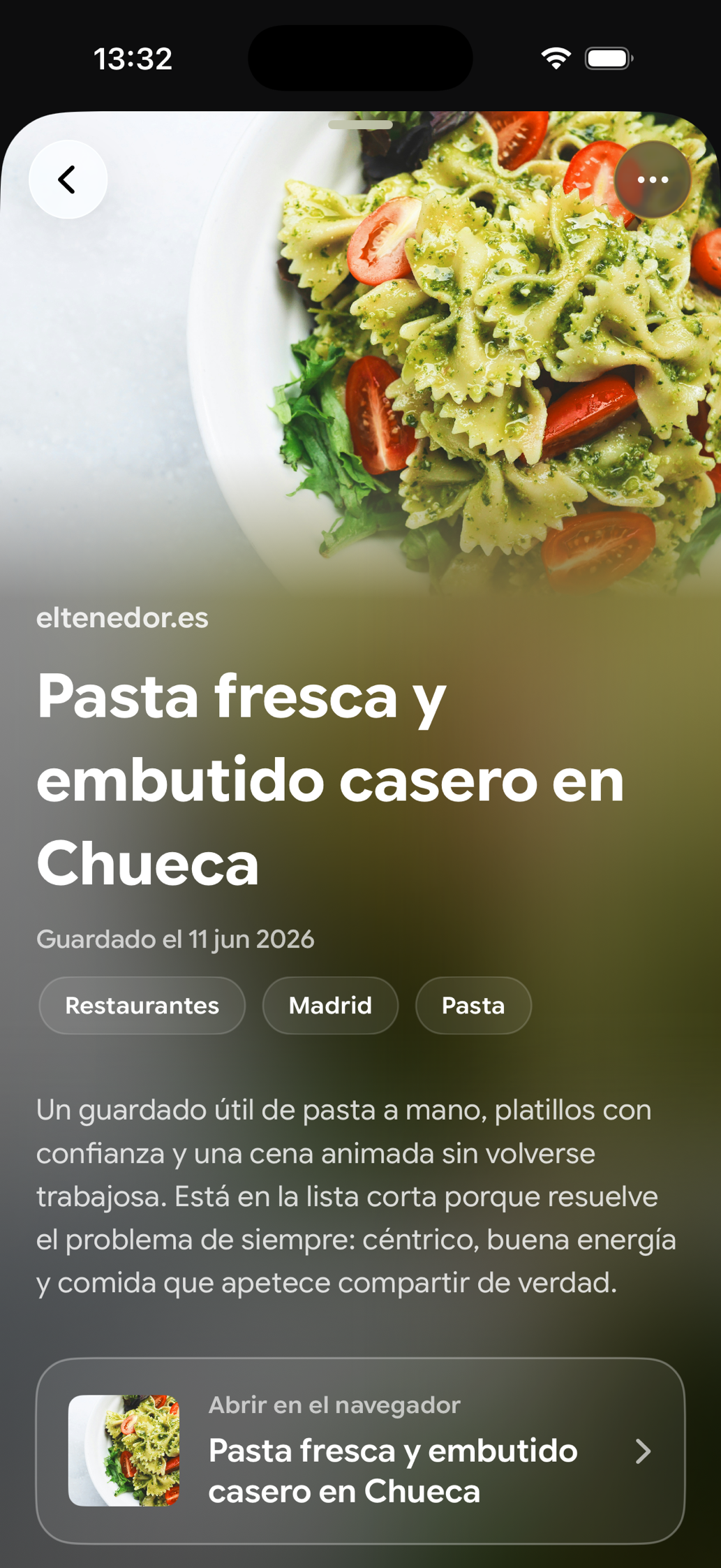 Una tarjeta guardada en Find Later: Pasta fresca y embutido casero en Chueca