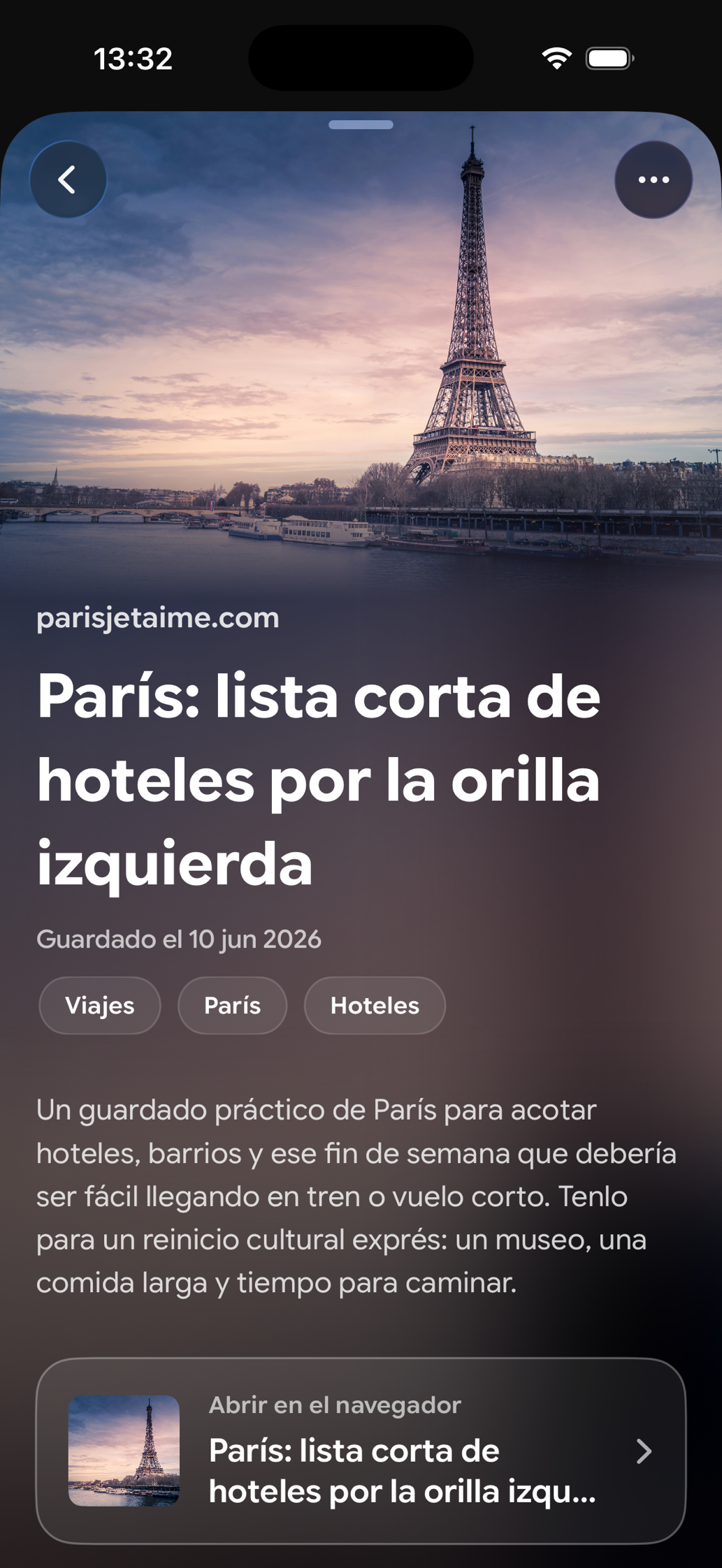 Una tarjeta guardada en Find Later: París: lista corta de hoteles por la orilla izquierda
