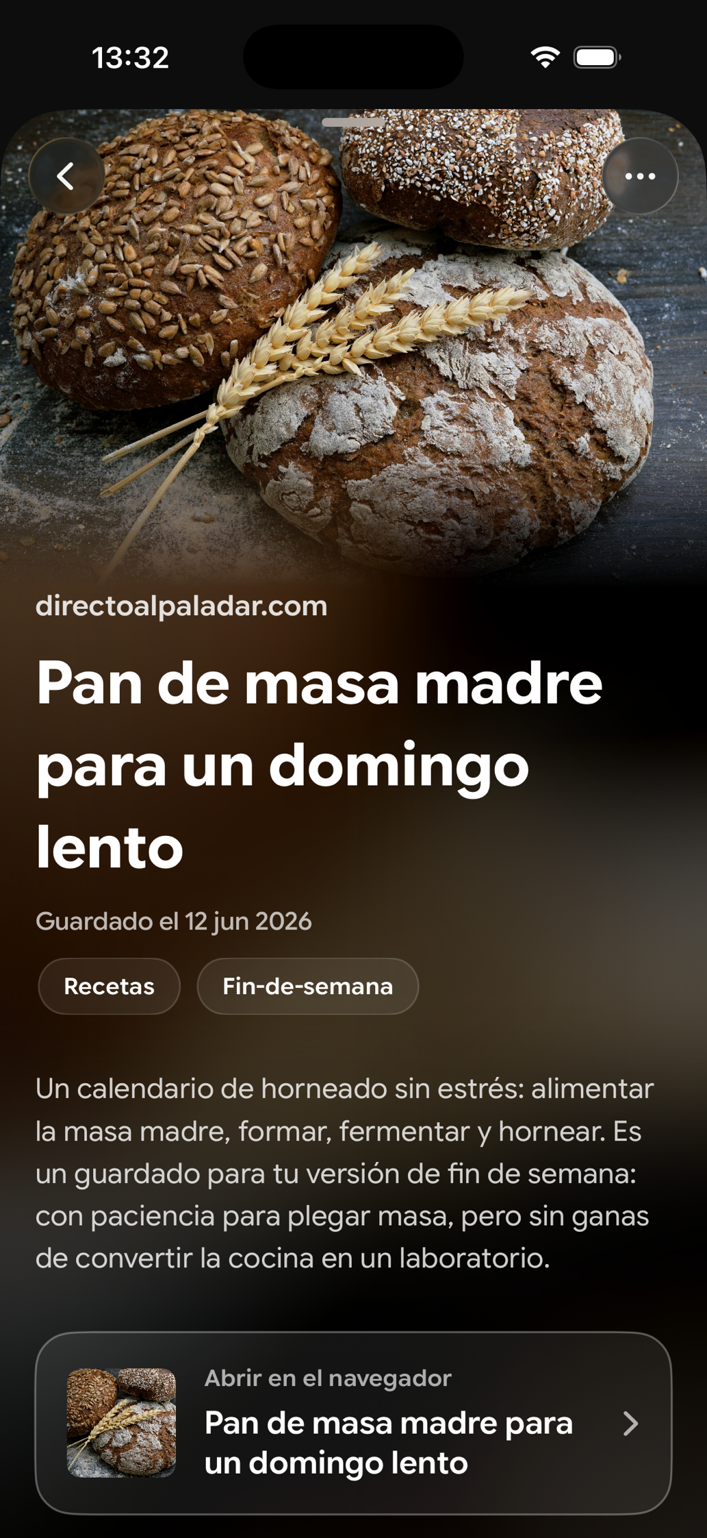 Una tarjeta guardada en Find Later: Pan de masa madre para un domingo lento