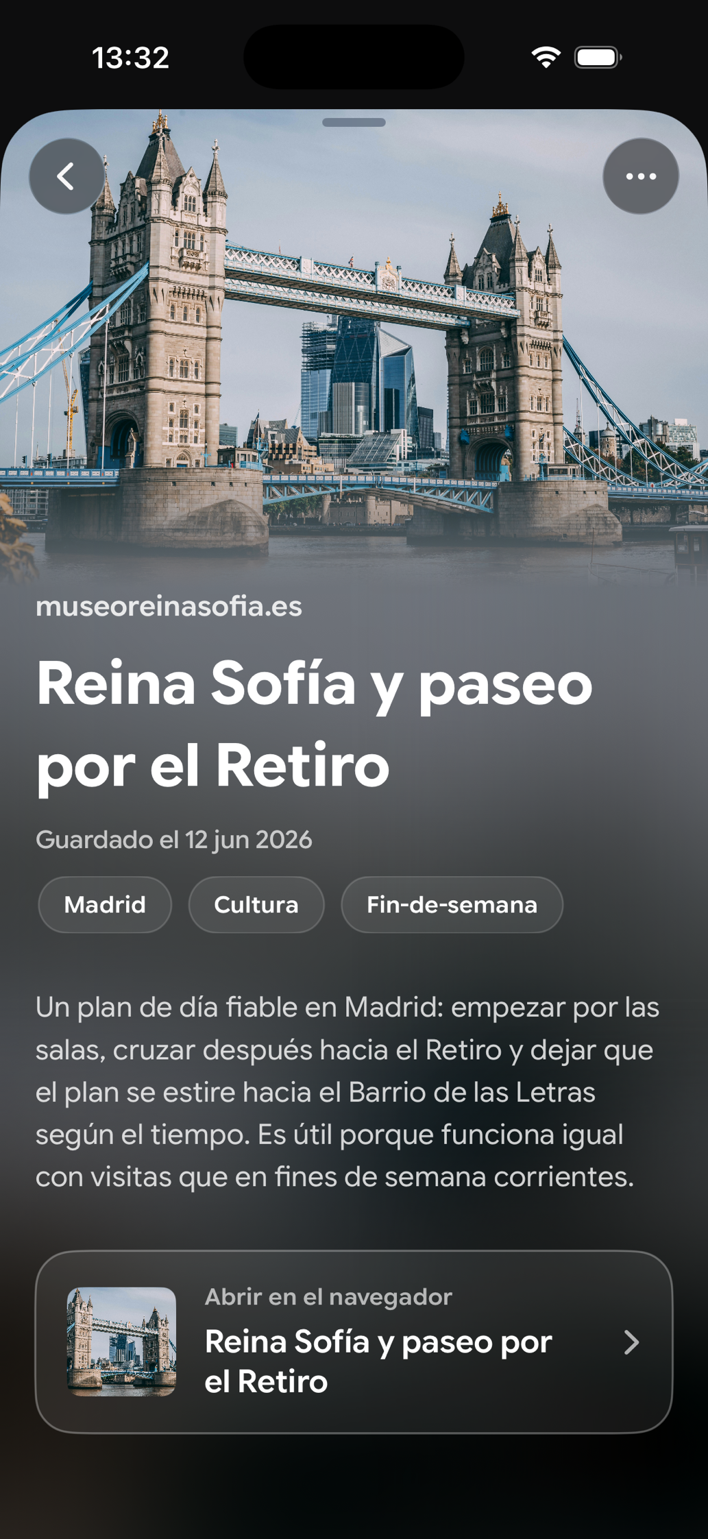Una tarjeta guardada en Find Later: Reina Sofía y paseo por el Retiro