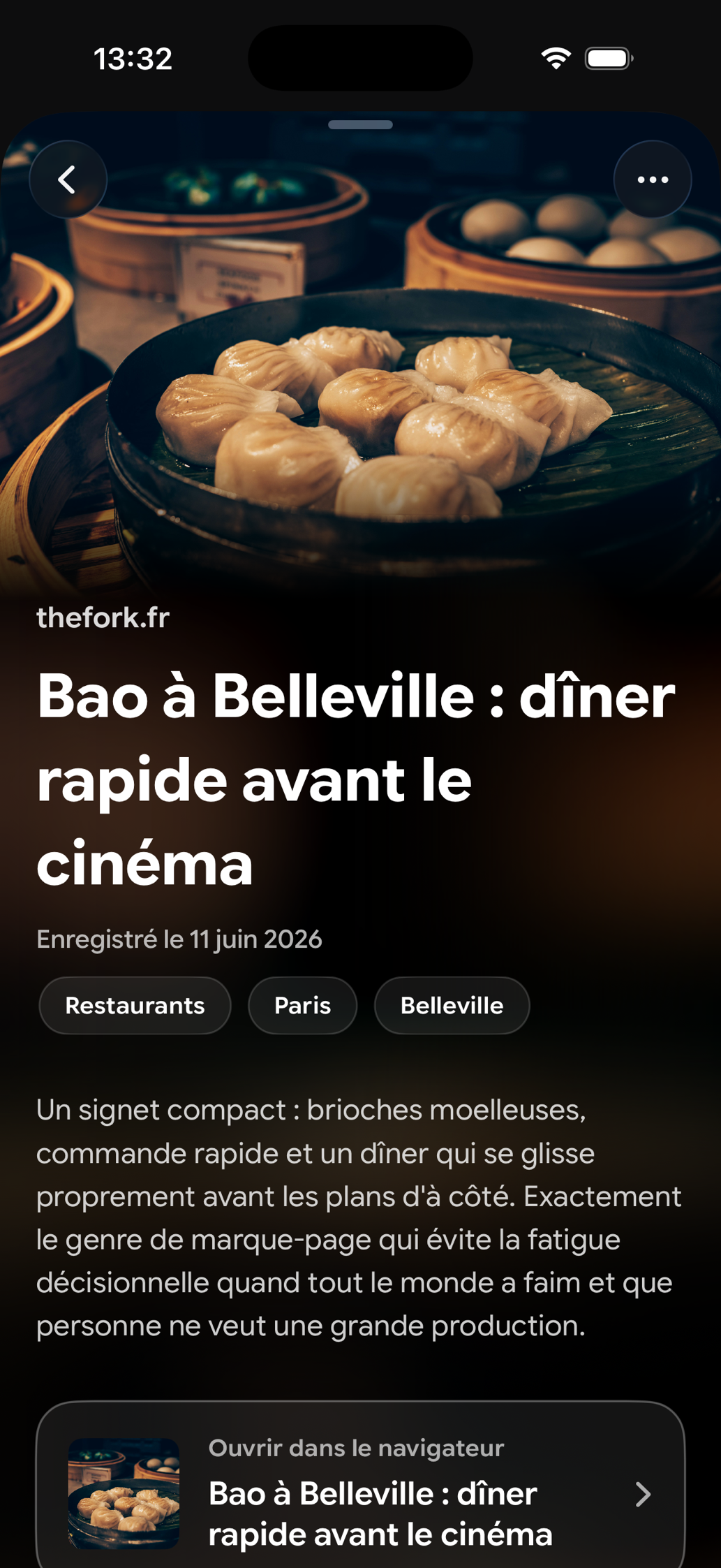 Une carte enregistrée dans Find Later: Bao à Belleville : dîner rapide avant le cinéma