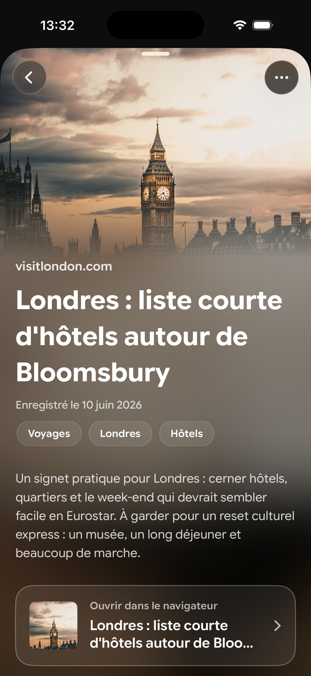 Une carte enregistrée dans Find Later: Londres : liste courte d'hôtels autour de Bloomsbury