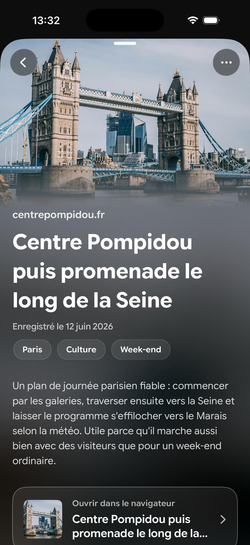 Une carte enregistrée dans Find Later: Centre Pompidou puis promenade le long de la Seine