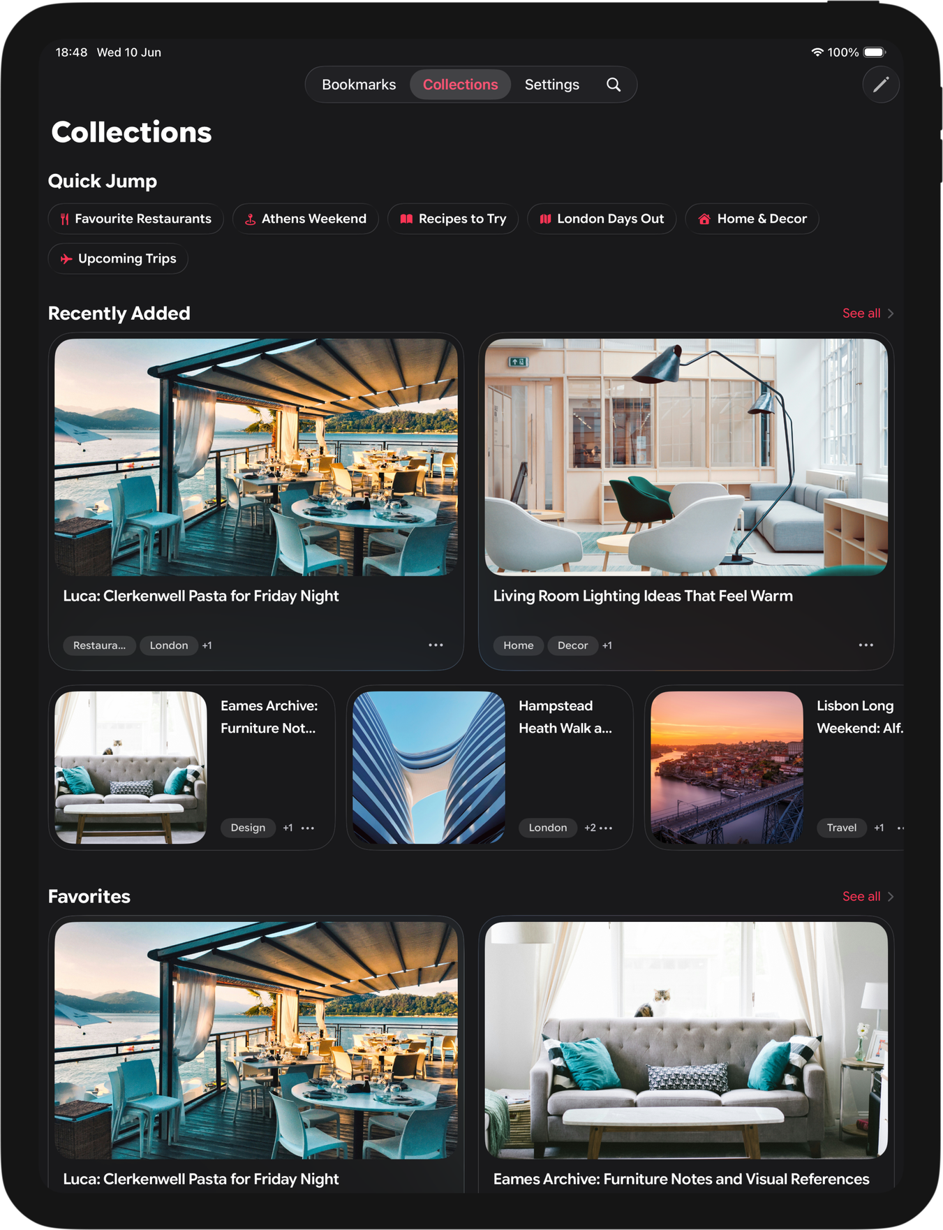 The Find Later iPad app in dark mode, showing a Collections home with Quick Jump shortcuts, Recently Added cards and Favorites.