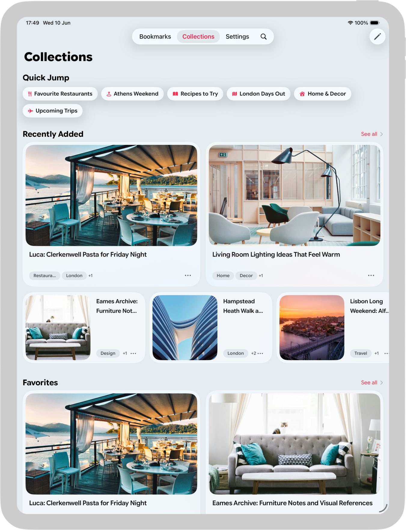 The Find Later iPad app in light mode, showing a Collections home with Quick Jump shortcuts, Recently Added cards and Favorites.